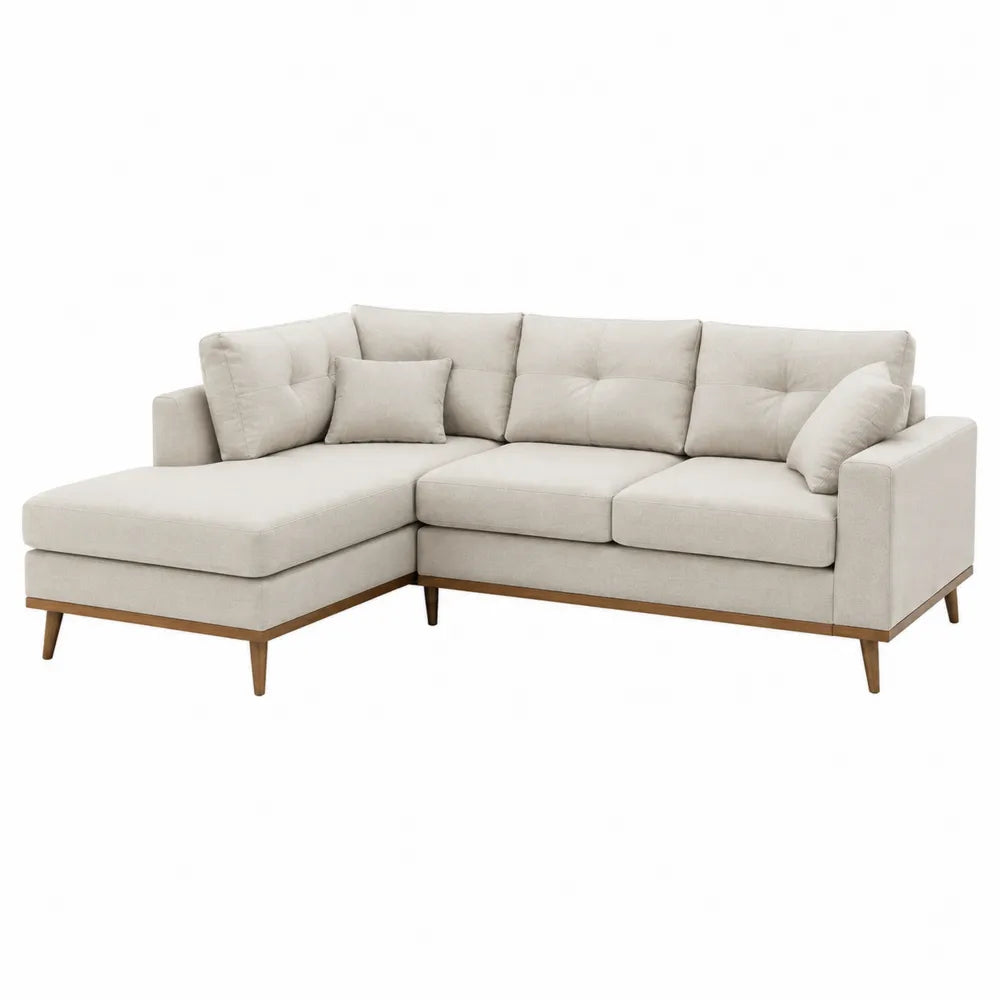 Canapé d'angle en tissu beige avec cadre en bois