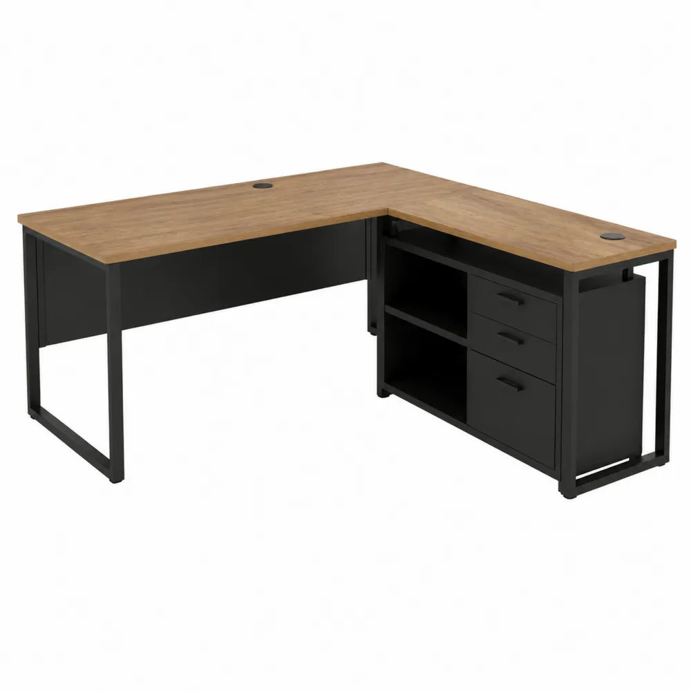 Bureau d'angle en bois contreplaqué et acier avec rangements 160x120cm