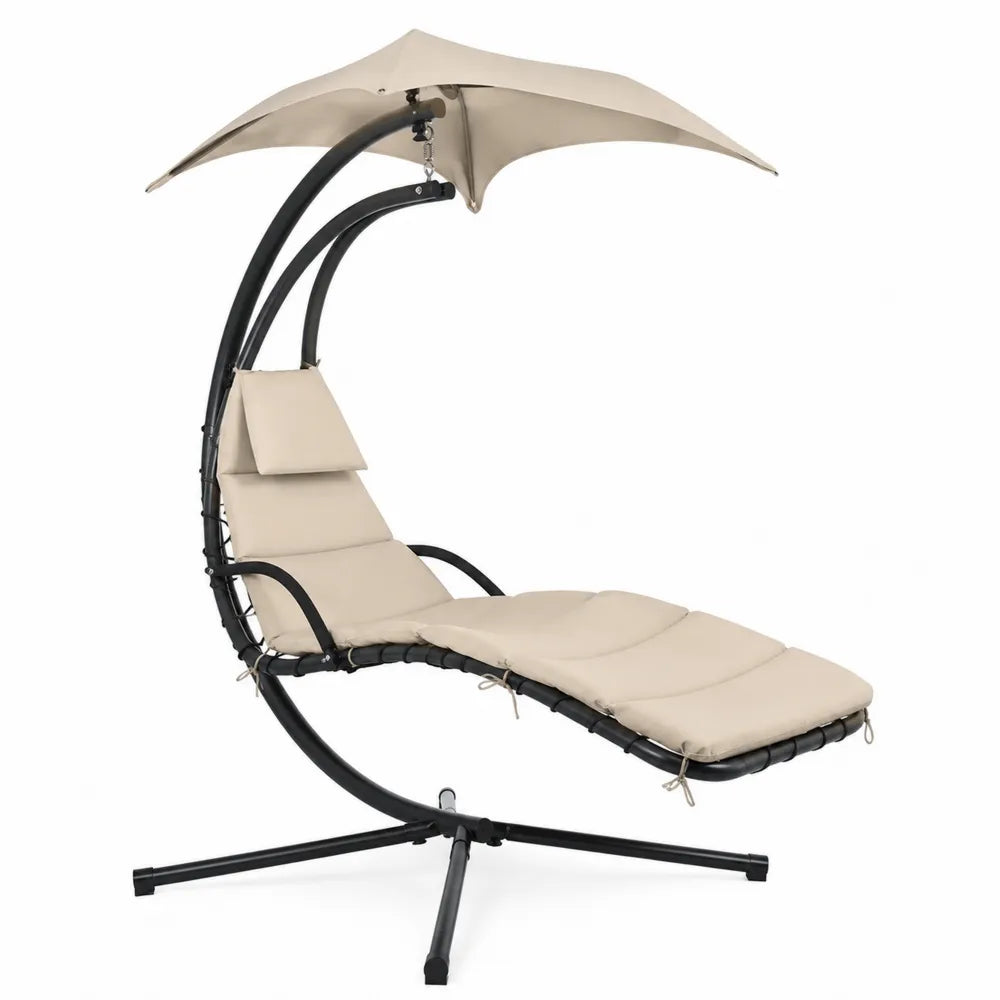 Chaise longue en métal avec coussin et pare-soleil beige
