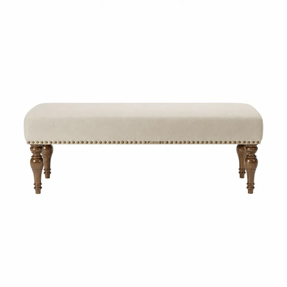 Banc en tissu polyester beige avec pieds en bois de hêtre