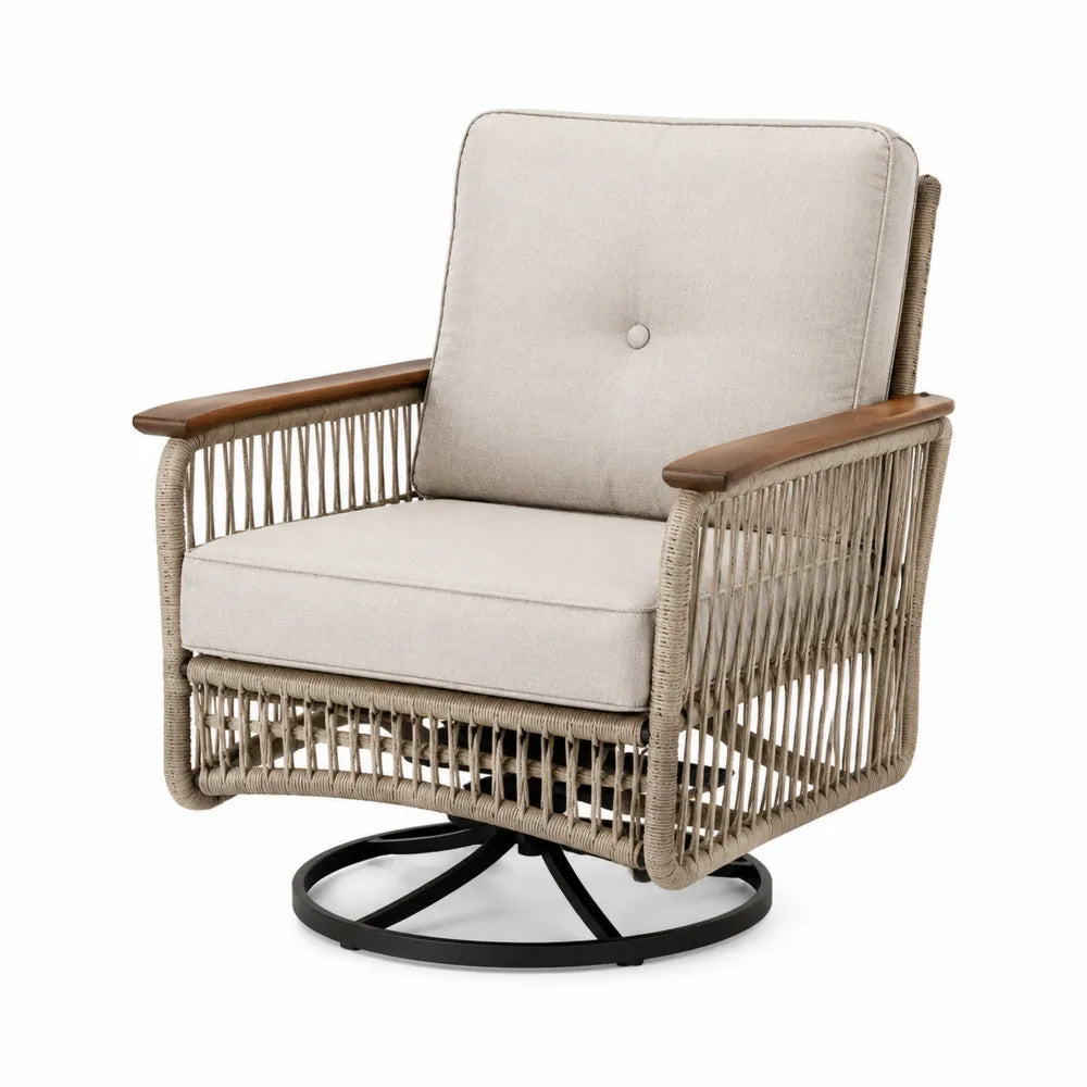 Fauteuil de jardin pivotant en rotin avec accoudoirs en bois et base en acier