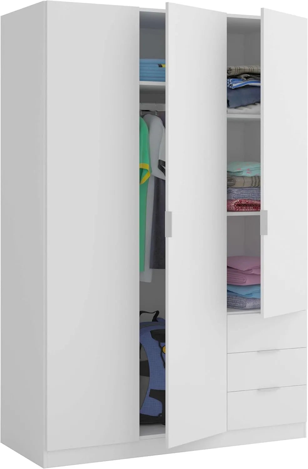Armoire-penderie et garde-robe de rangement — avec tiroirs, 3 portes, 3 tiroirs, 121 × 180 × 52 cm, blanc