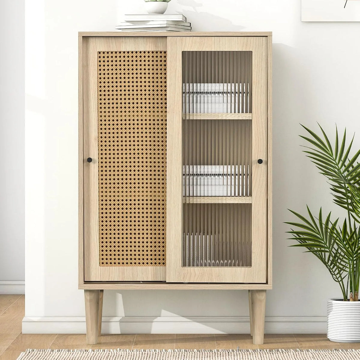Armoire de rangement — en bois, avec rangement, 2 Portes, 60 × 100 cm, 30kg, en résine tressée