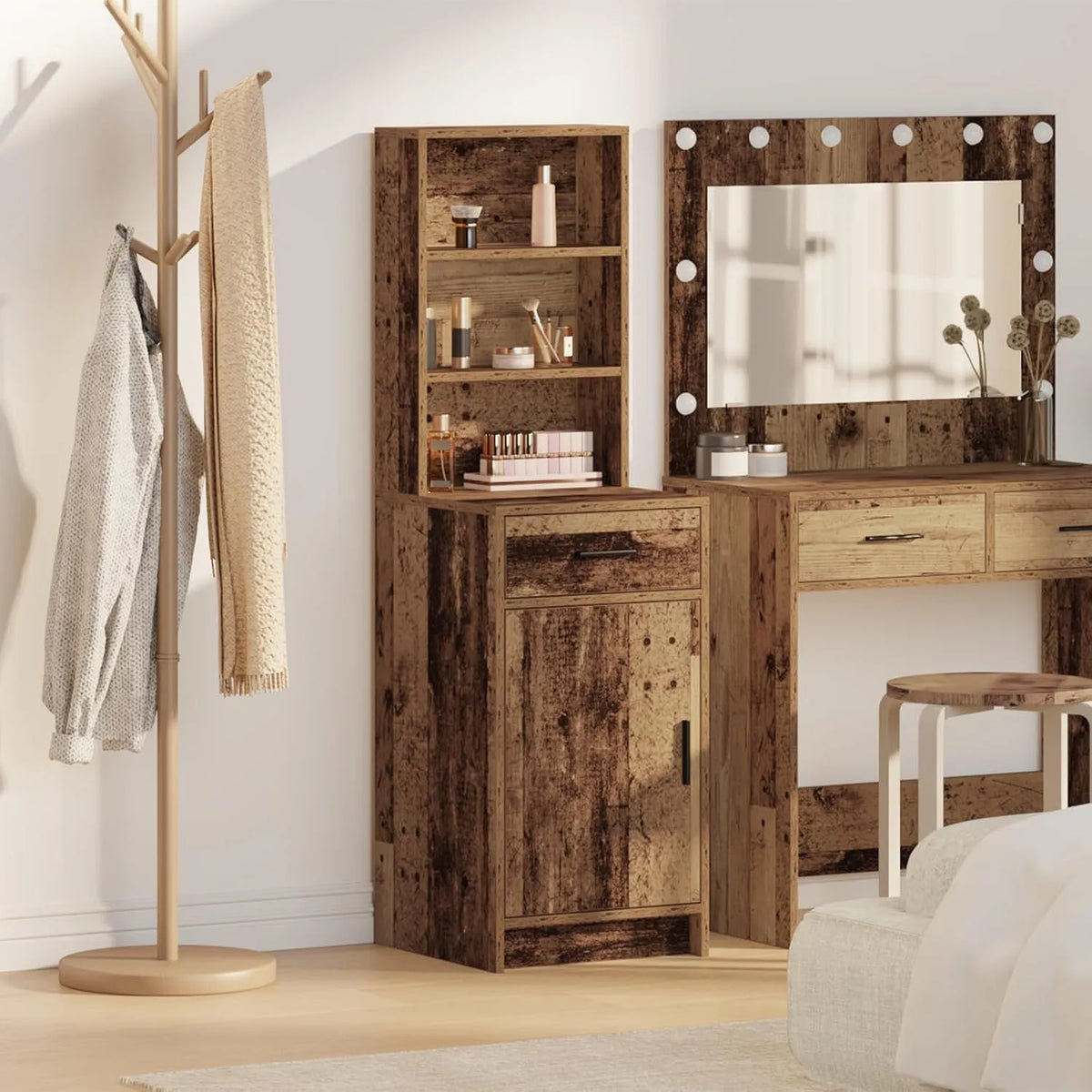 Buffet et meuble de rangement haut étroit en bois recyclé massif — avec tiroirs, avec étagères, 40 × 41 × 135 cm, marron