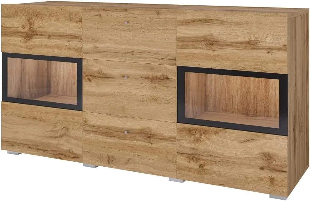 Chêne doré et Noir: avec tiroirs, affichage LED, 2 Portes, 3 tiroirs, 130 cm