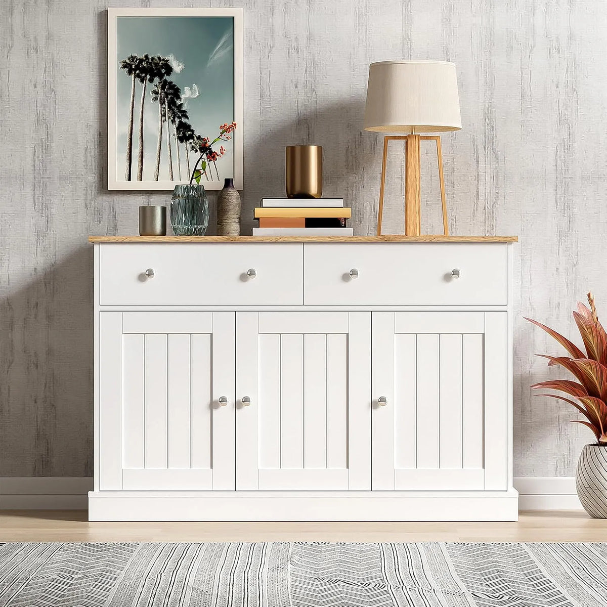 Armoire de rangement — avec poignée, en bois, avec tiroirs, 3 portes, 2 tiroirs, 120 × 36 × 80 cm, blanc