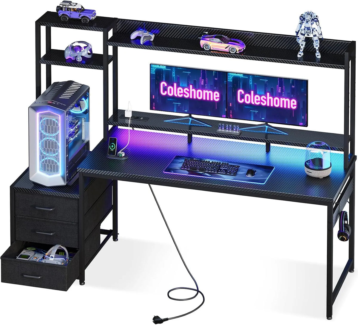 Bureau et table informatique: avec rangement, avec tiroirs, pour gaming, affichage LED, 161×48 cm, noir