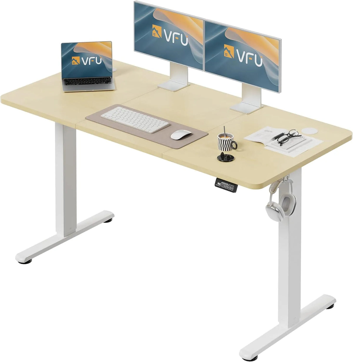 Bureau et table informatique — réglable, 140 × 60 cm, beige, hauteur réglable
