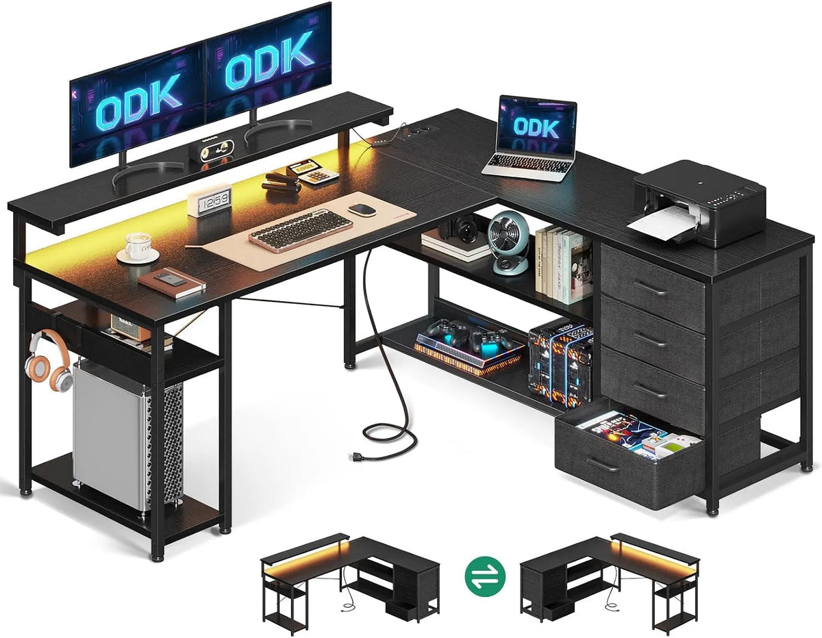 Bureau et table informatique – réversible, avec rangement, avec tiroirs, avec port USB, 135 × 110cm, noir, avec éclairage LED