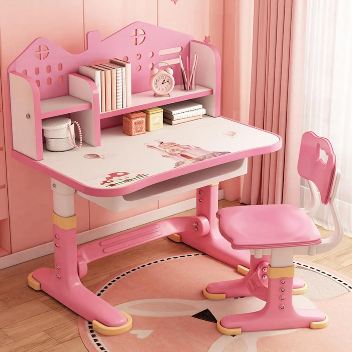 Bureau et table informatique – pour enfant, style dessin animé, avec tiroirs, réglable, rose
