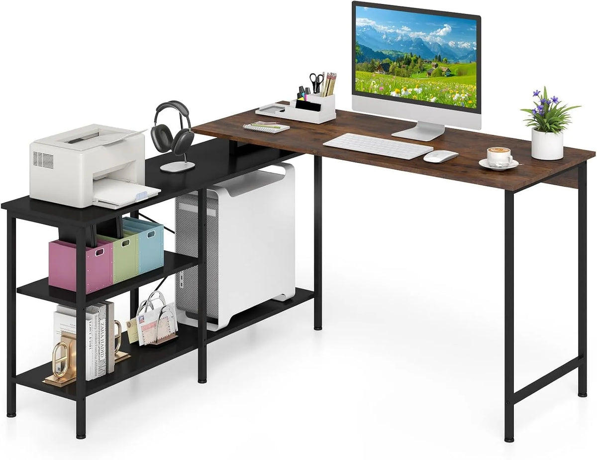 COSTWAY Bureau: CPU, réversible, avec rangement, avec Bibliothèque et étagère de rangements, pour gaming, 135 × 120 cm, marron, avec étagères