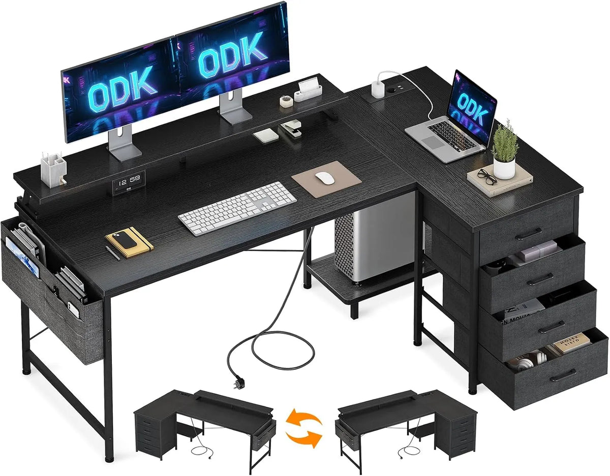 Bureau et table informatique: réversible, avec rangement, avec tiroirs, avec port USB, 4 Tiroirs, 160 × 80cm, noir