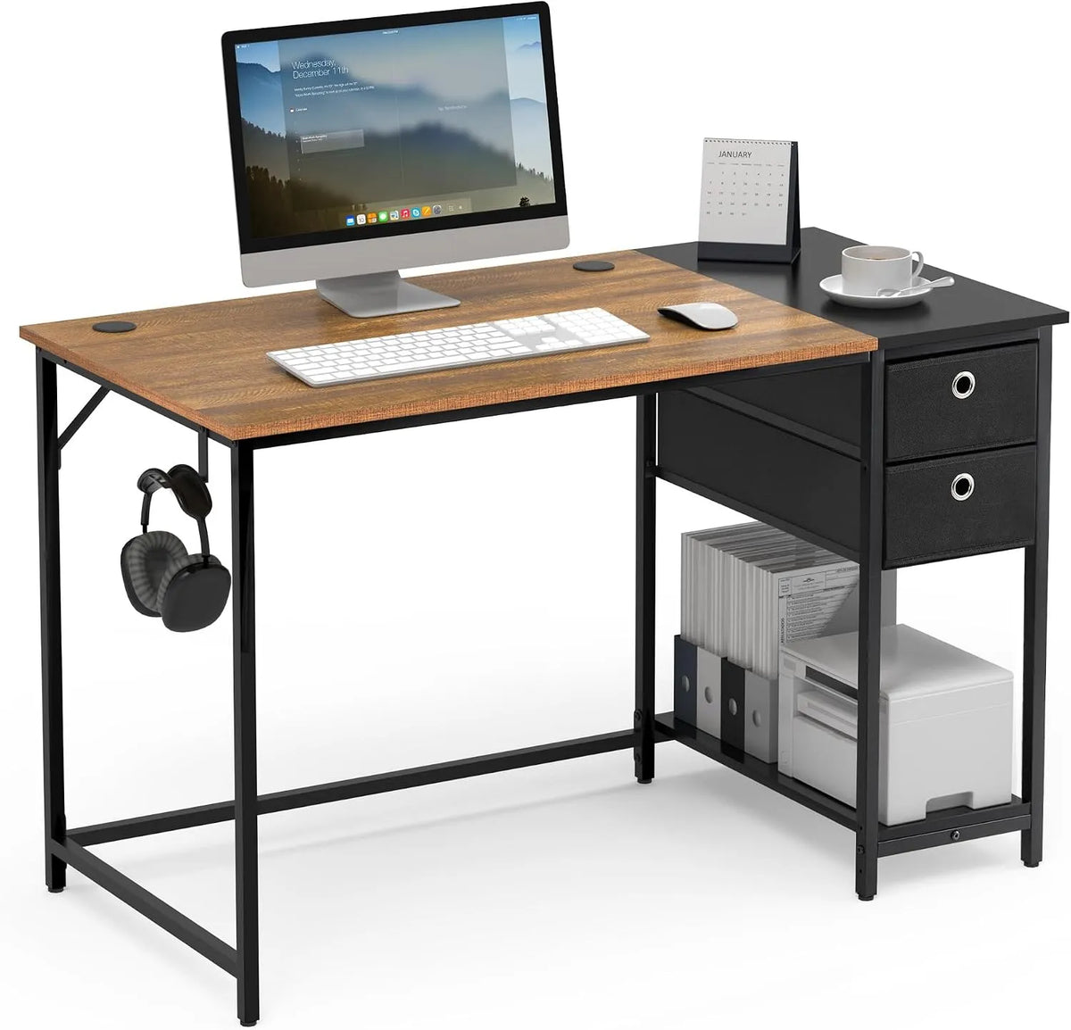 Bureau – avec rangement, avec tiroirs, avec Bibliothèque et étagère de rangements, usage à domicile, 2 Tiroirs, 120 × 60 × 76cm, noir