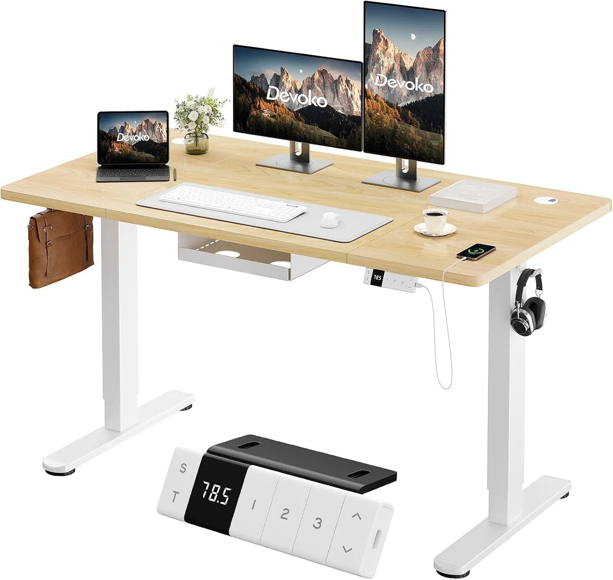 Bureau et table informatique — avec port USB, réglable, 160×80cm, beige, hauteur réglable