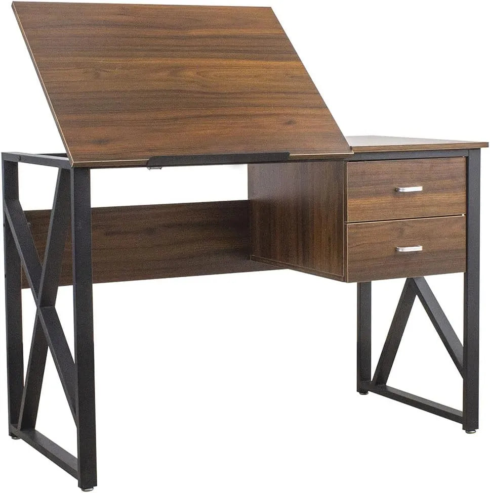 Bureau et table informatique – MDF, en métal, en bois, avec tiroirs, réglable, 2 tiroirs, 110 × 75 × 55 cm, inclinable