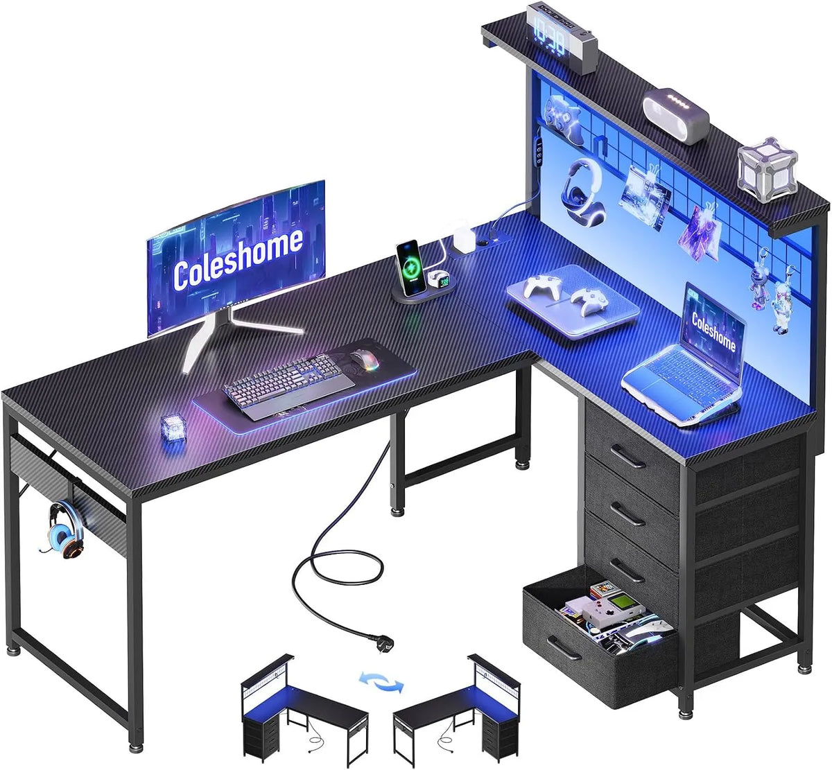 Bureau et table informatique: réversible, avec rangement, avec tiroirs, pour gaming, 130 × 100 cm, noir, avec éclairage LED