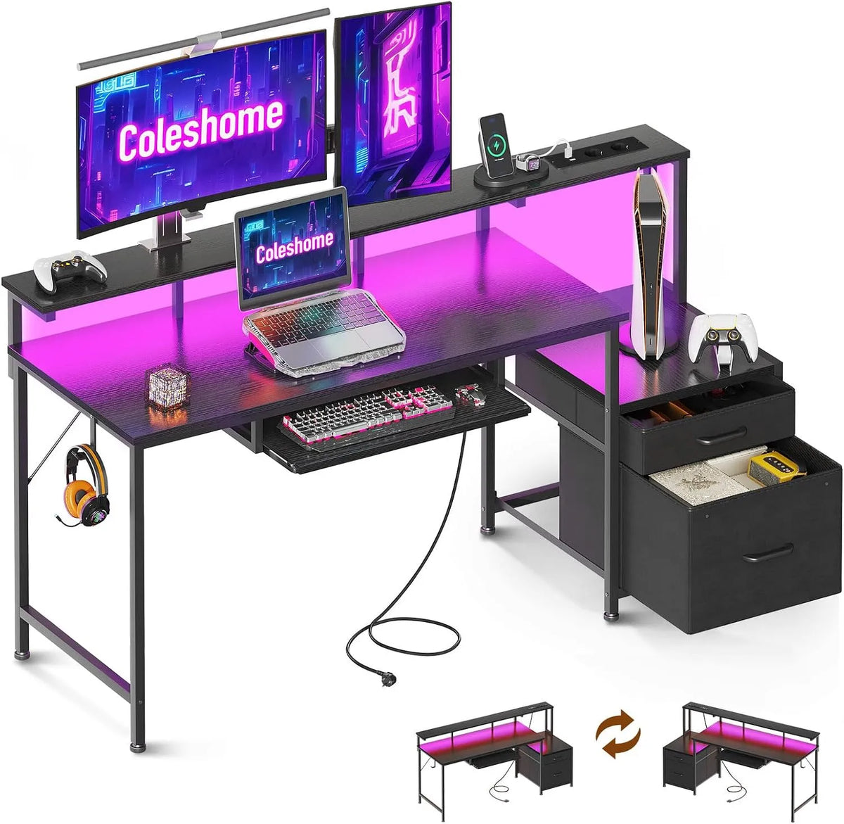 Bureau et table informatique: revêtement en tissu, avec rangement, avec tiroirs, pour gaming, 140 × 48cm, noir, avec éclairage LED