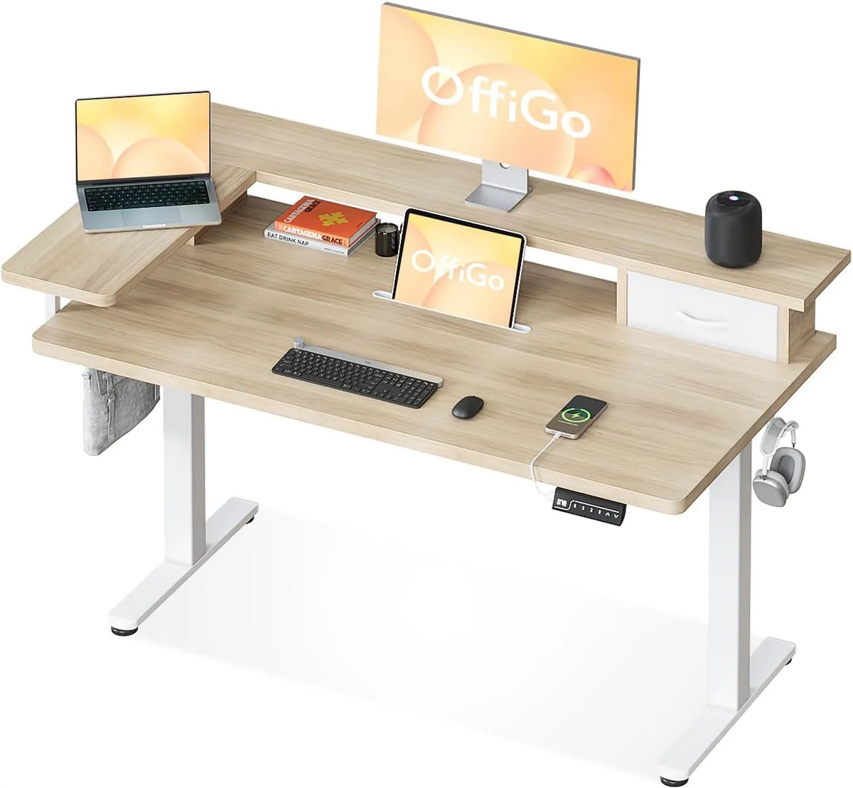 Bureau et table informatique: avec tiroirs, avec port USB, avec écran, 1 Pièce, 120 × 60 cm, beige
