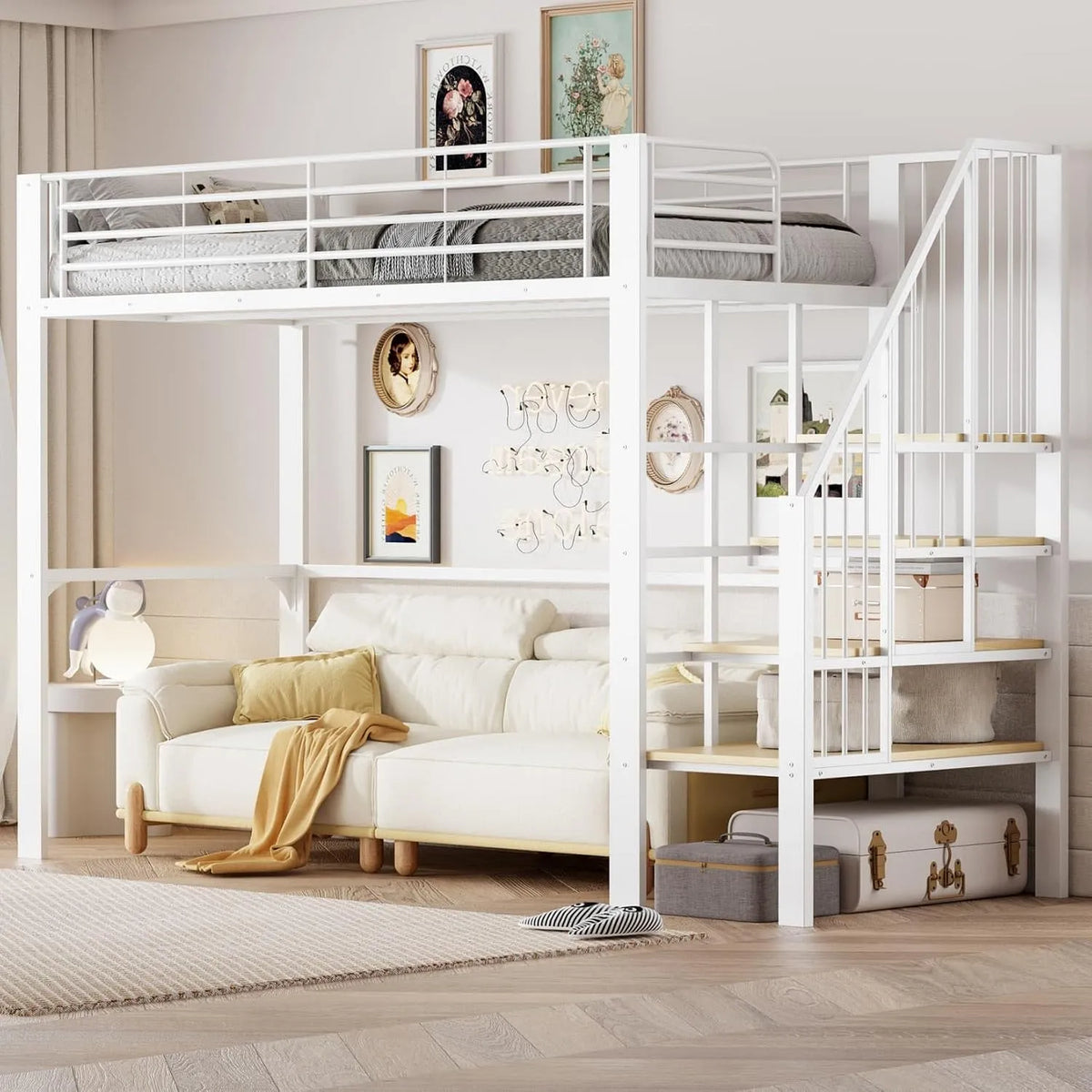 Lit Mezzanine 1 Place 90x200cm – pour enfant, avec rangement, avec escalier, 90 × 200cm, blanc