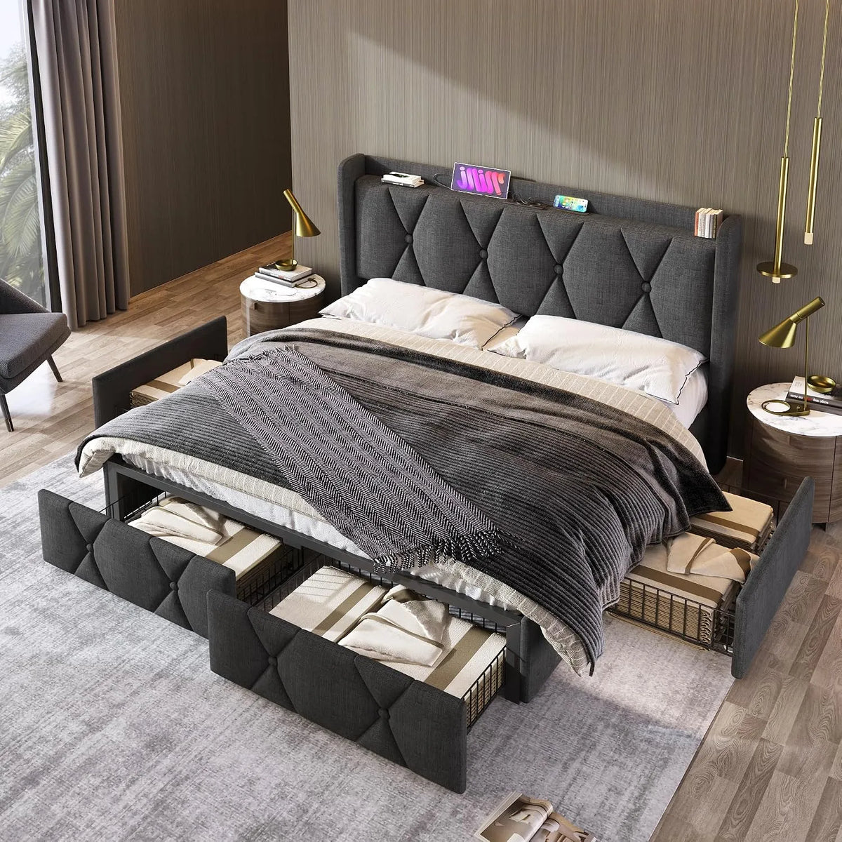 Lit 160x200 Avec Sommier — avec rangement, avec tiroirs, avec port USB, 4 Tiroirs, 160 × 200, avec rangement intégré