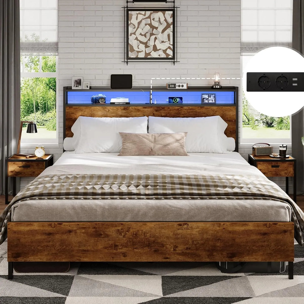 Lit 140x200 en Métal – en bois, avec rangement, avec port USB, 140 × 200, 21.5 cm, noir, avec éclairage LED