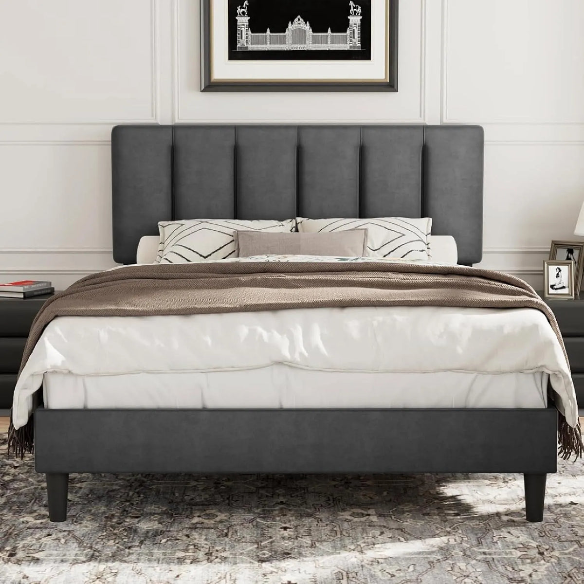 Lit Double Rembourré 140 x 190 cm — antidérapant, revêtement en tissu, en bois, réglable, 140 × 190 cm, gris