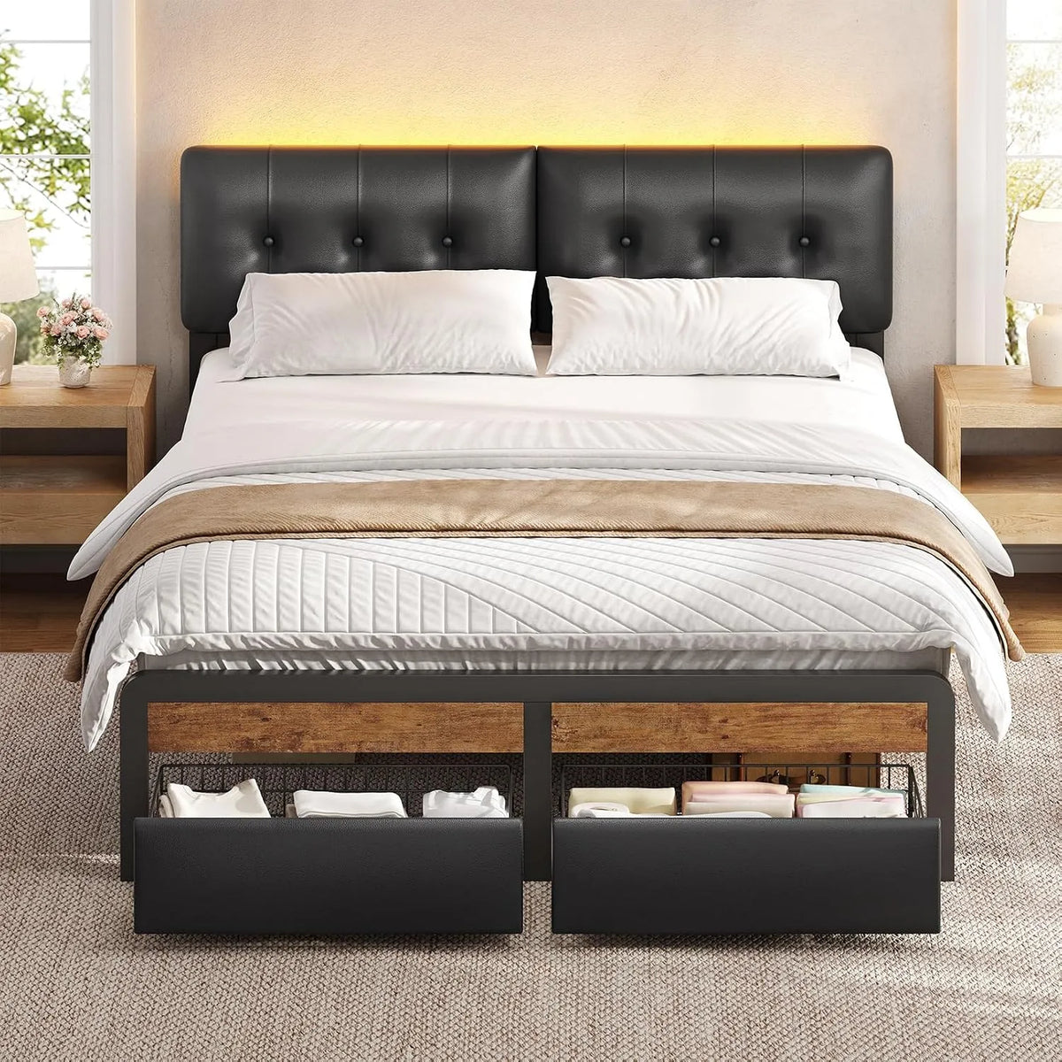 Lit 140x190 avec Sommier et Éclairage LED — en métal, avec tiroirs, réglable, affichage LED, 2 Tiroirs, 140 × 190, noir