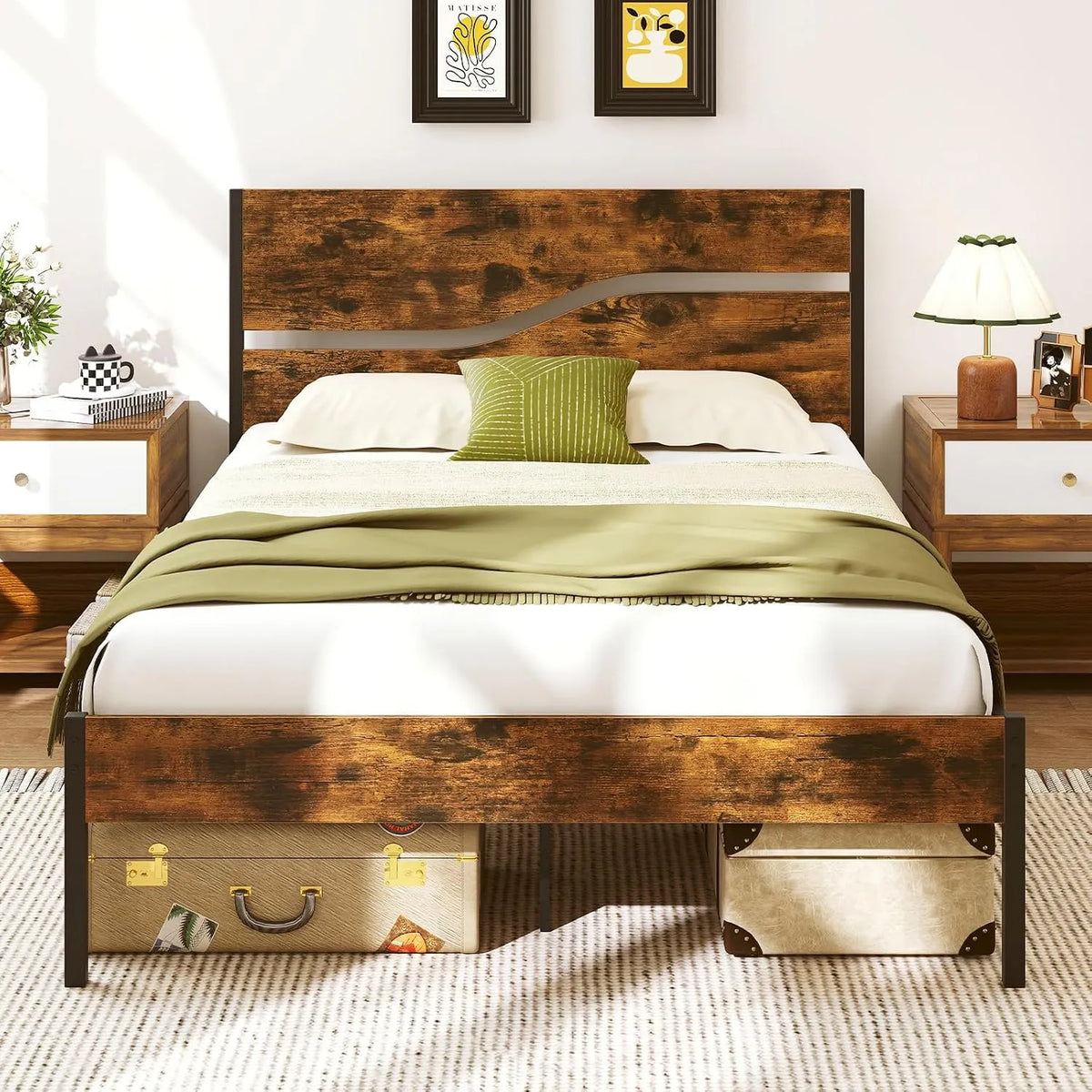 COSTWAY Cadre de lit et structure de lit 140 x 200 cm avec Sommier en: en métal, en bois, avec rangement, 140 × 200 cm, marron