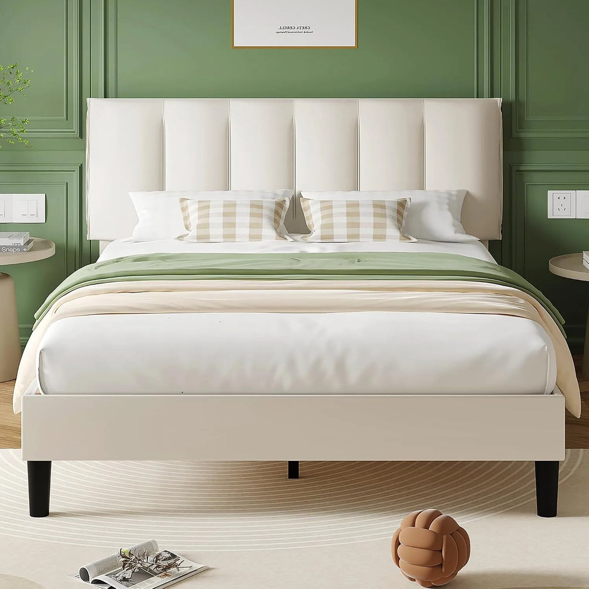 Lit Double Rembourré 140 x 190 cm: en bois, réglable, 140 × 190 cm, beige, revêtement en velours