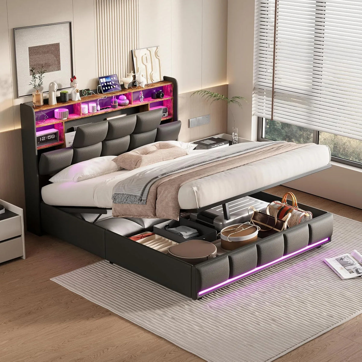 Lit 140x190 avec Sommier à Lattes — avec rangement, avec port USB, réglable, affichage LED, 140 × 190, noir, avec rangement intégré