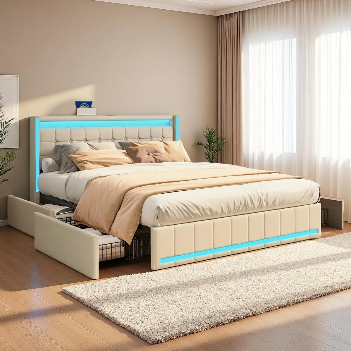 Lit capitonné – avec rangement, avec tiroirs, affichage LED, 4 tiroirs, 140 × 190 cm, beige, revêtement en tissu