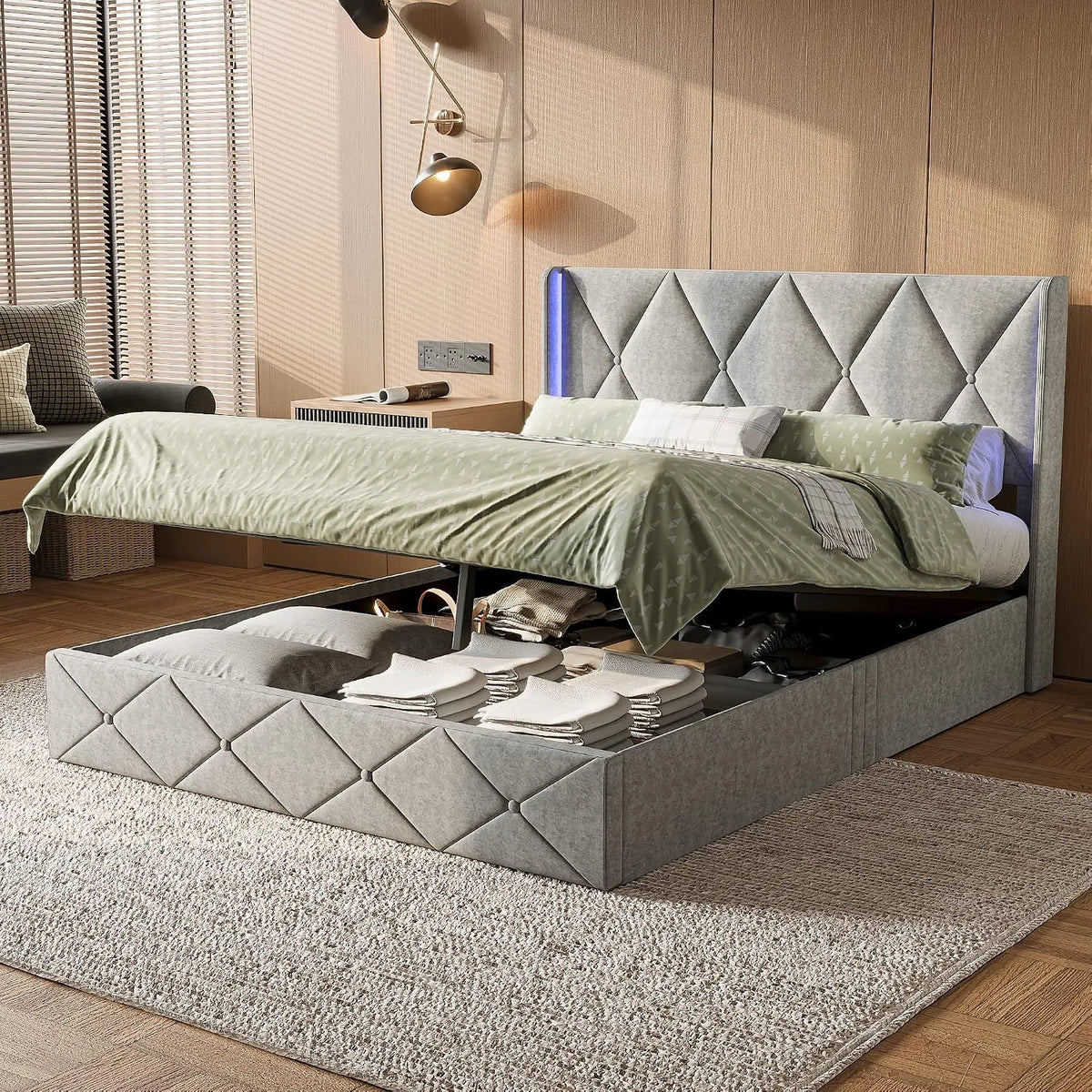 Lit tapissé avec éclairage LED et prise USB – revêtement en tissu, avec rangement, avec port USB, affichage LED, 140 × 200 cm, gris