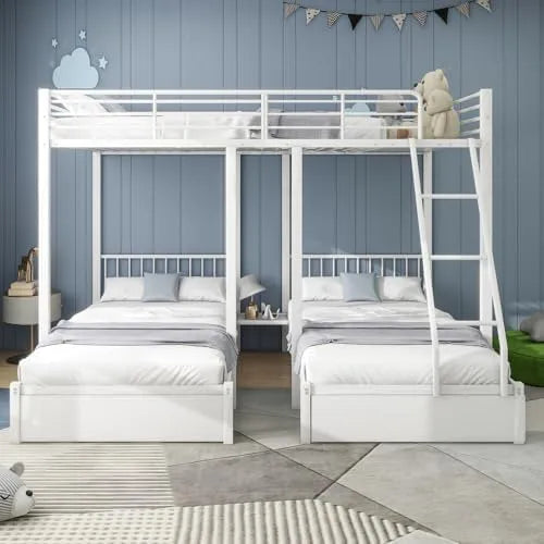 Lit superposé et lit mezzanine — pour enfant, en métal, avec tiroirs, 3 places, 90 × 200, 140 × 200, blanc
