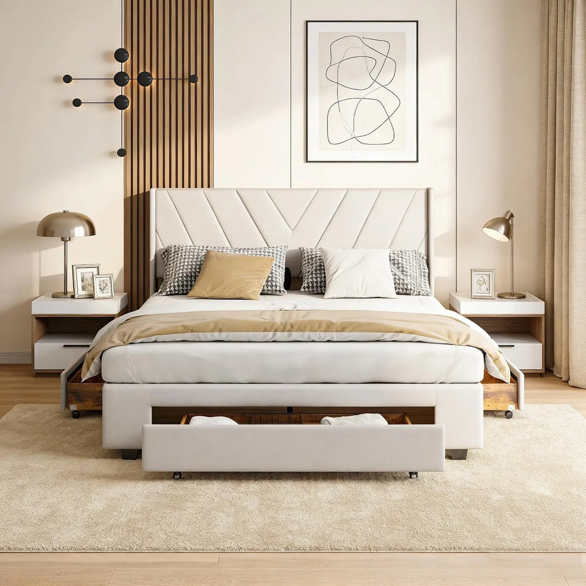Lit rembourré et cadre de lit tapissé: en métal, avec tiroirs, 3 tiroirs, 160 × 200 cm, beige, revêtement en tissu