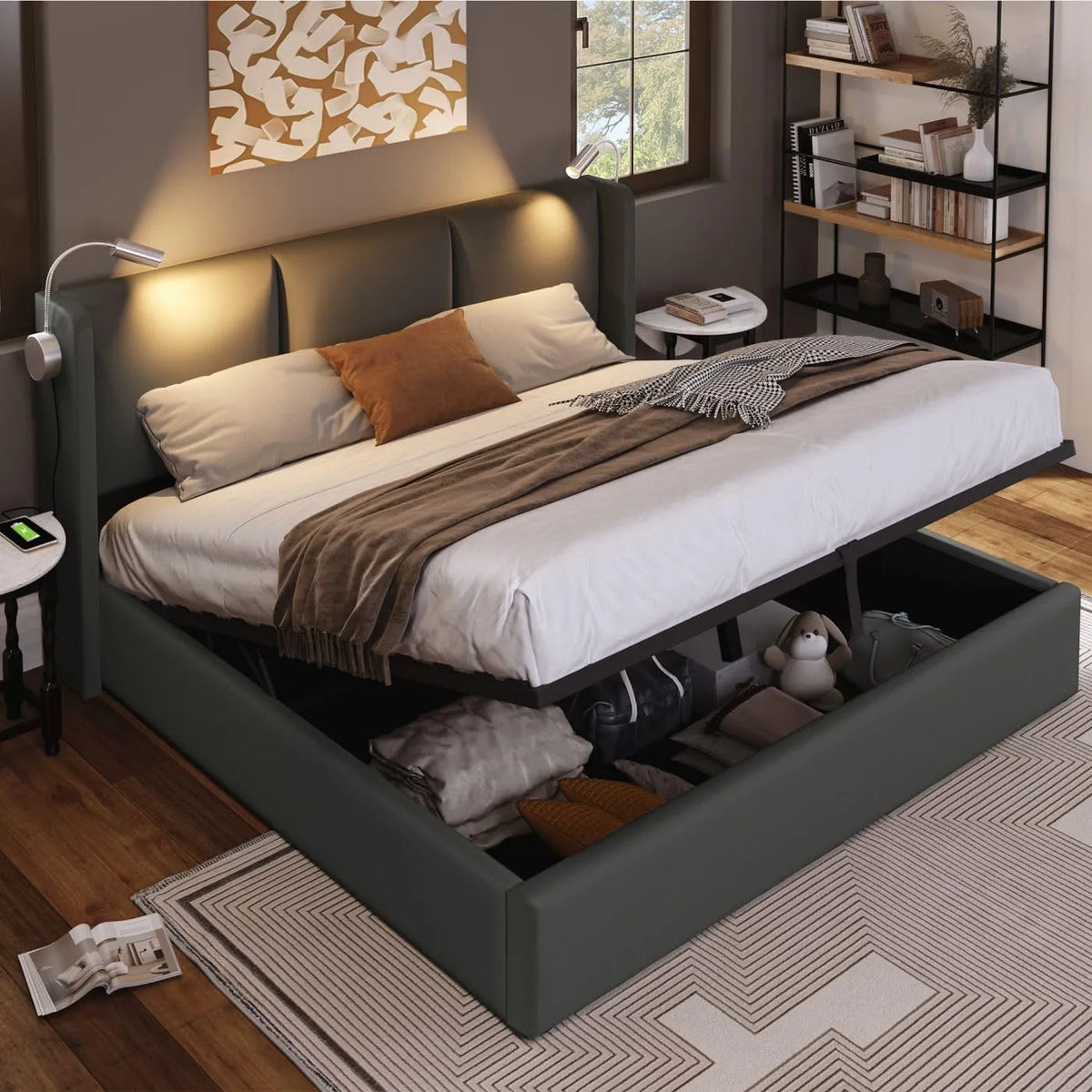 Sweiko Rembourré Cadre de lit et structure de lit 140x200 cm avec éclairage LED — avec rangement, avec port USB, affichage LED, 140 × 200 cm, gris