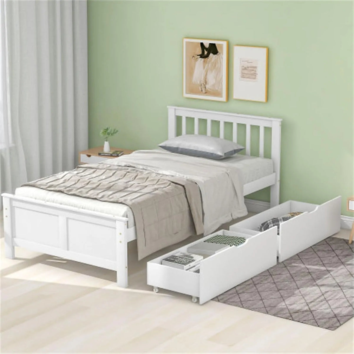 Lit en Bois avec Tiroirs pour Rangement — avec rangement, 90 × 200 Cm, blanc
