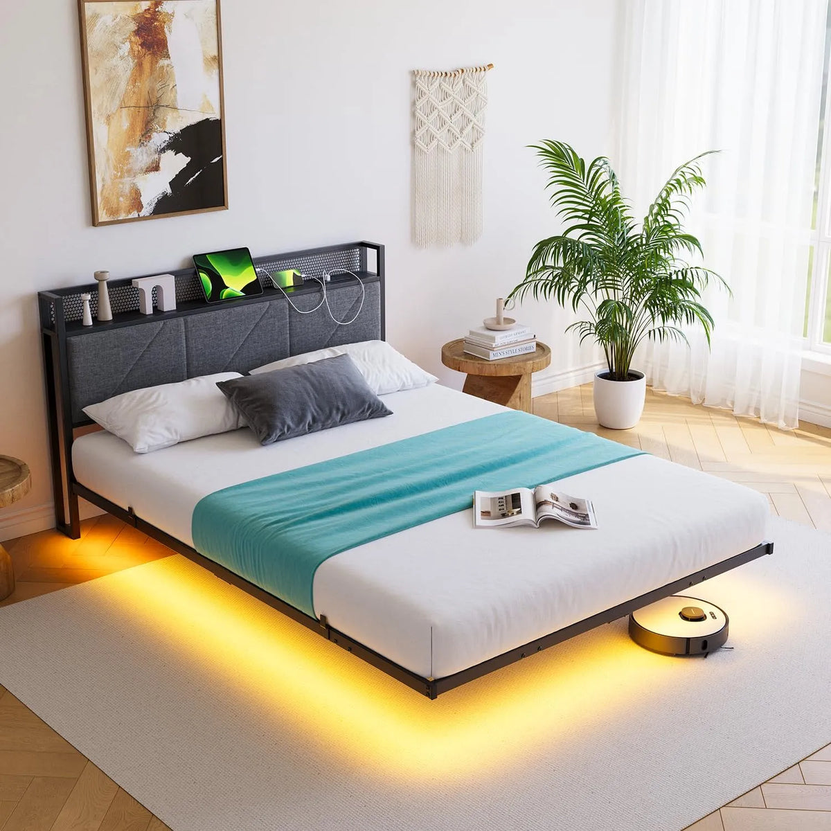 120 x 200cm Cadre de lit et structure de lit Flottant – en métal, avec rangement, avec port USB, affichage LED, 120 × 200cm, gris