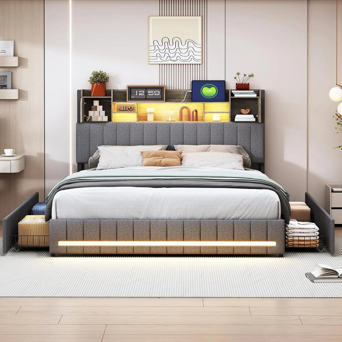 Lit Double Rembourré — avec rangement, avec tiroirs, avec port USB, affichage LED, 4 tiroirs, 140 × 200 cm