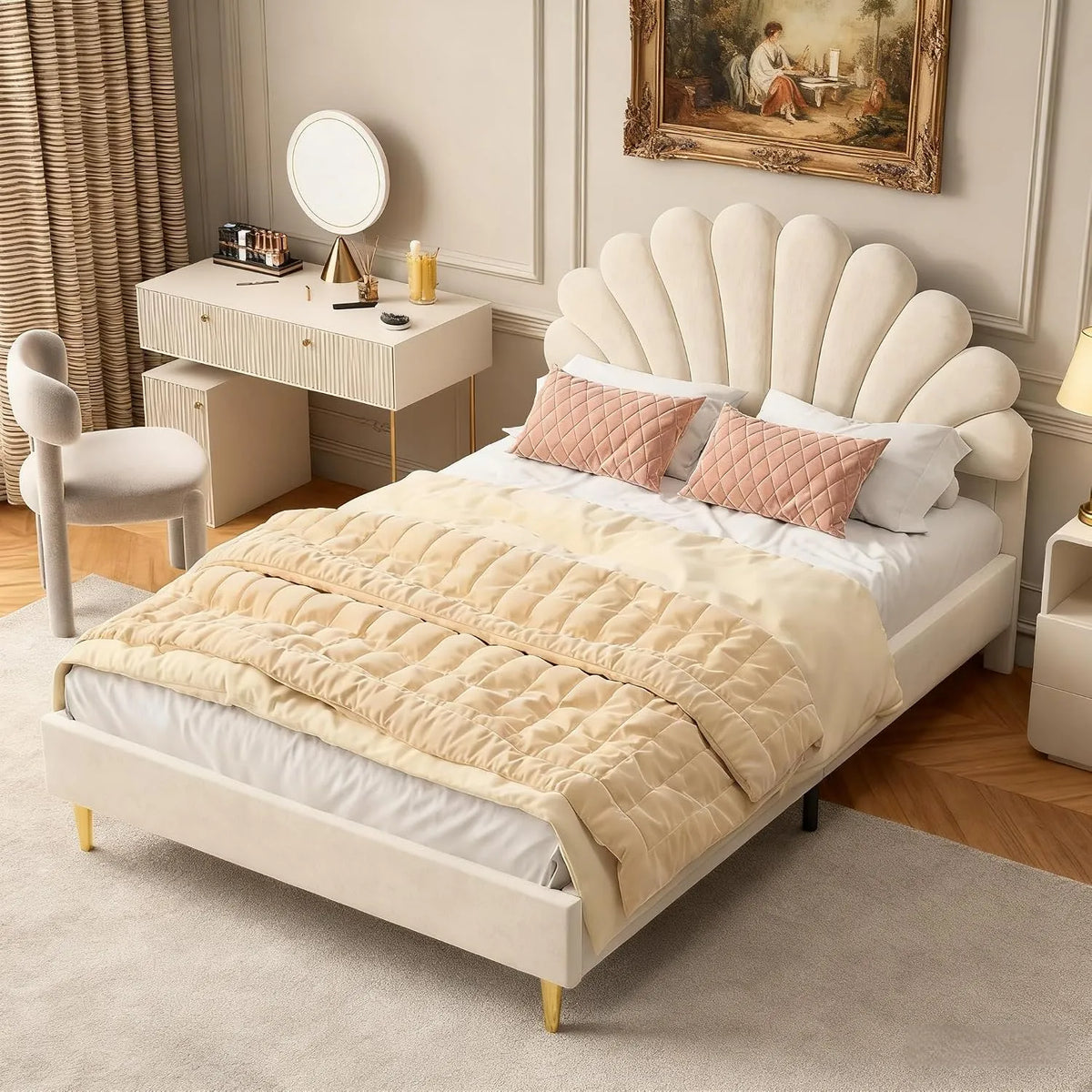 Lit Double rembourré 140x200 cm avec Sommier à Lattes – en métal, en bois, avec dossier, 140 × 200 cm, beige