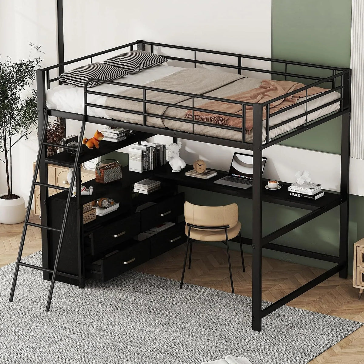 Bureau et table informatique – avec tiroirs, avec bureau, 140 × 200 cm, noir, revêtement en tissu