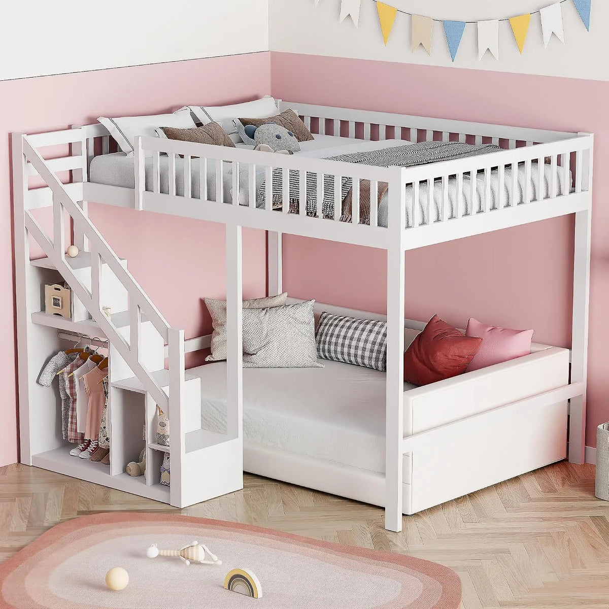 Lit superposé et lit mezzanine: pour enfant, en bois, avec rangement, avec escalier, 140 × 200 cm