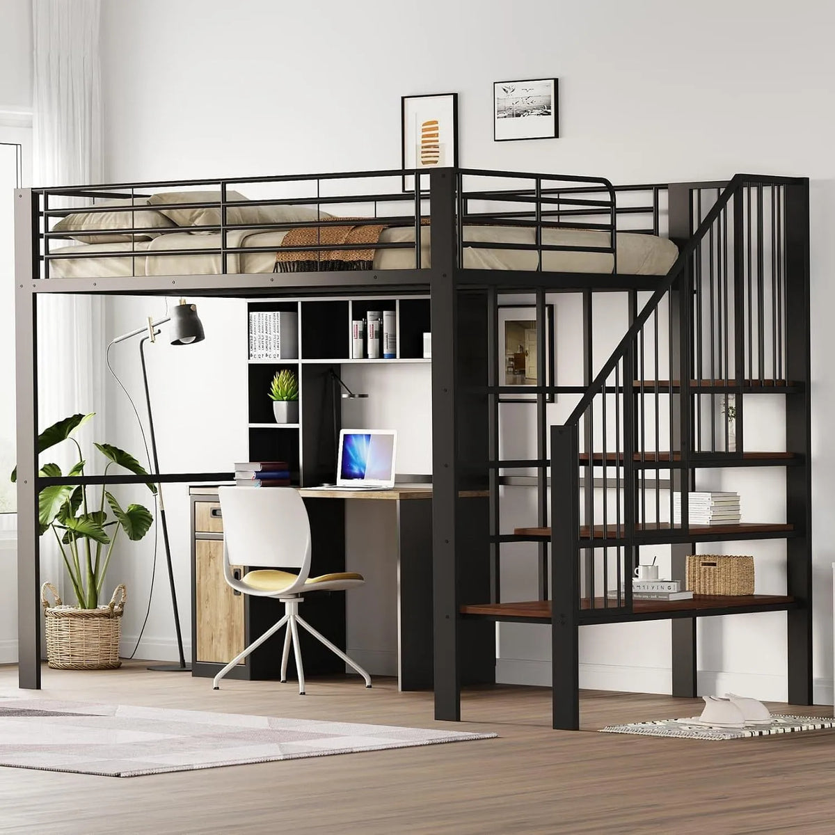 Lit Mezzanine 2 Places 140x200cm: pour enfant, avec rangement, avec escalier, 140 × 200cm, 1, 140 × 200, blanc