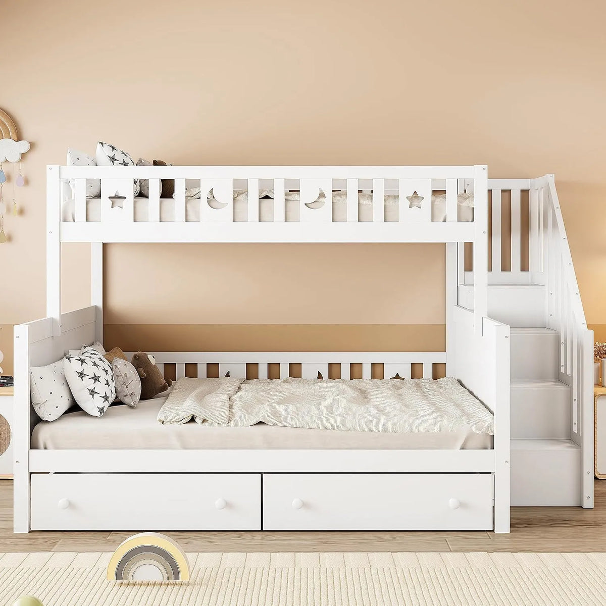 Lit superposé et lit mezzanine: pour enfant, en bois, avec tiroirs, avec escalier, 90 × 200, 140 × 200 cm, blanc, en bois massif, revêtement en tissu