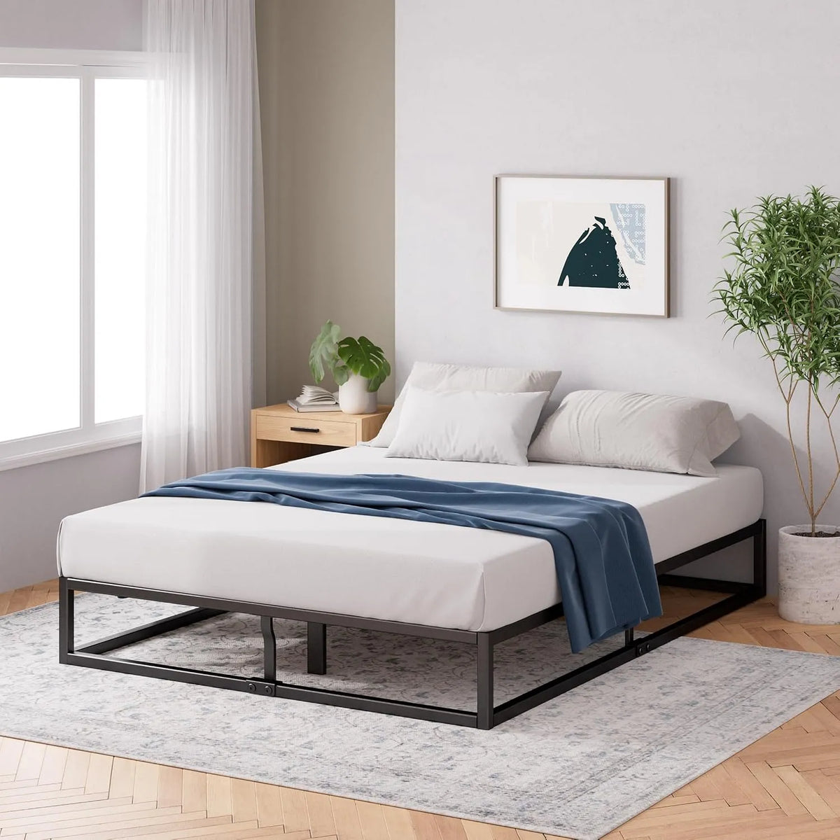 Zinus Joseph Sommier 140x190 cm avec Lattes en Bois – en métal, avec rangement, 140 × 190 cm, 25 cm, noir