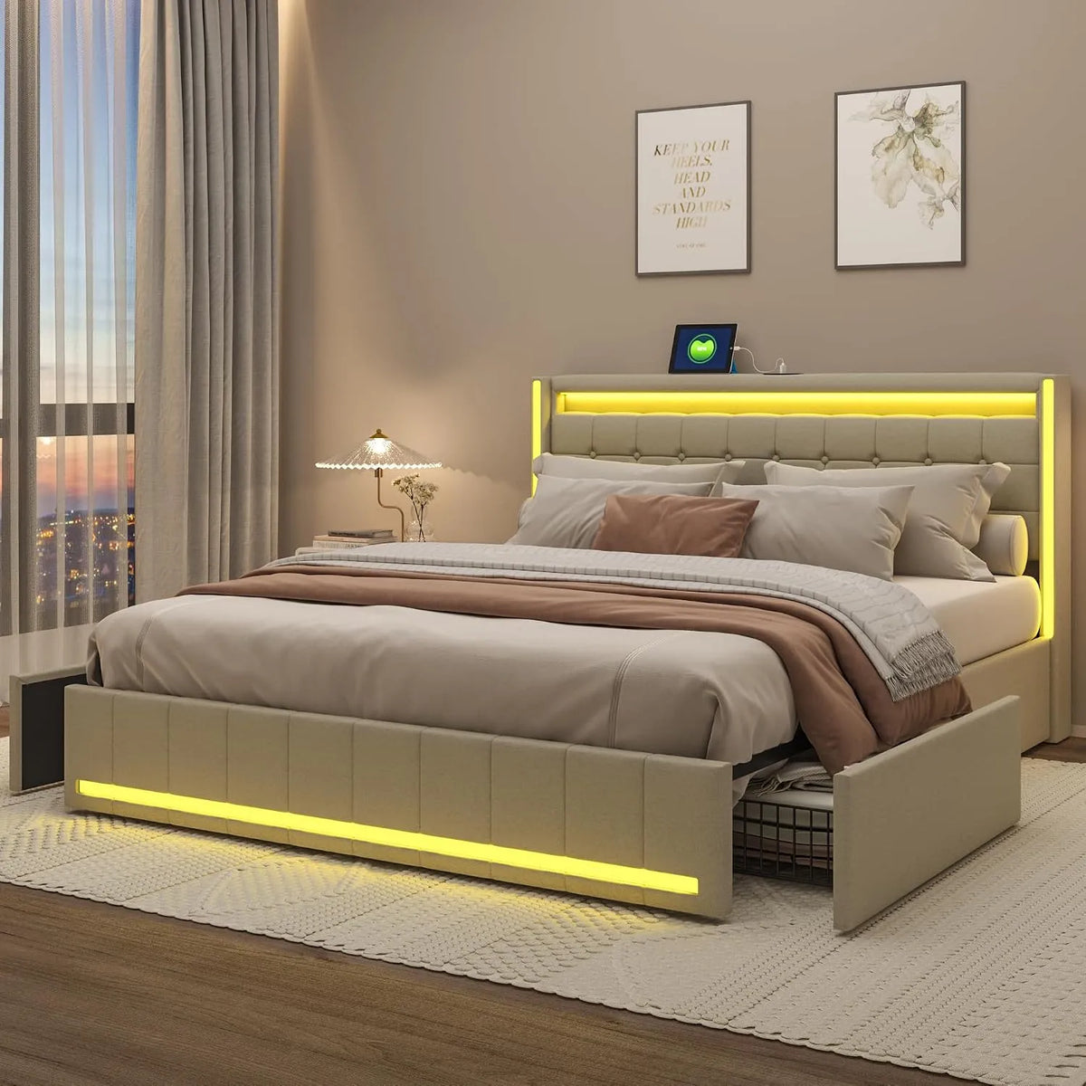 Lit rembourré et cadre de lit tapissé – avec tiroirs, avec port USB, affichage LED, 4 Tiroirs, 180 × 200, beige