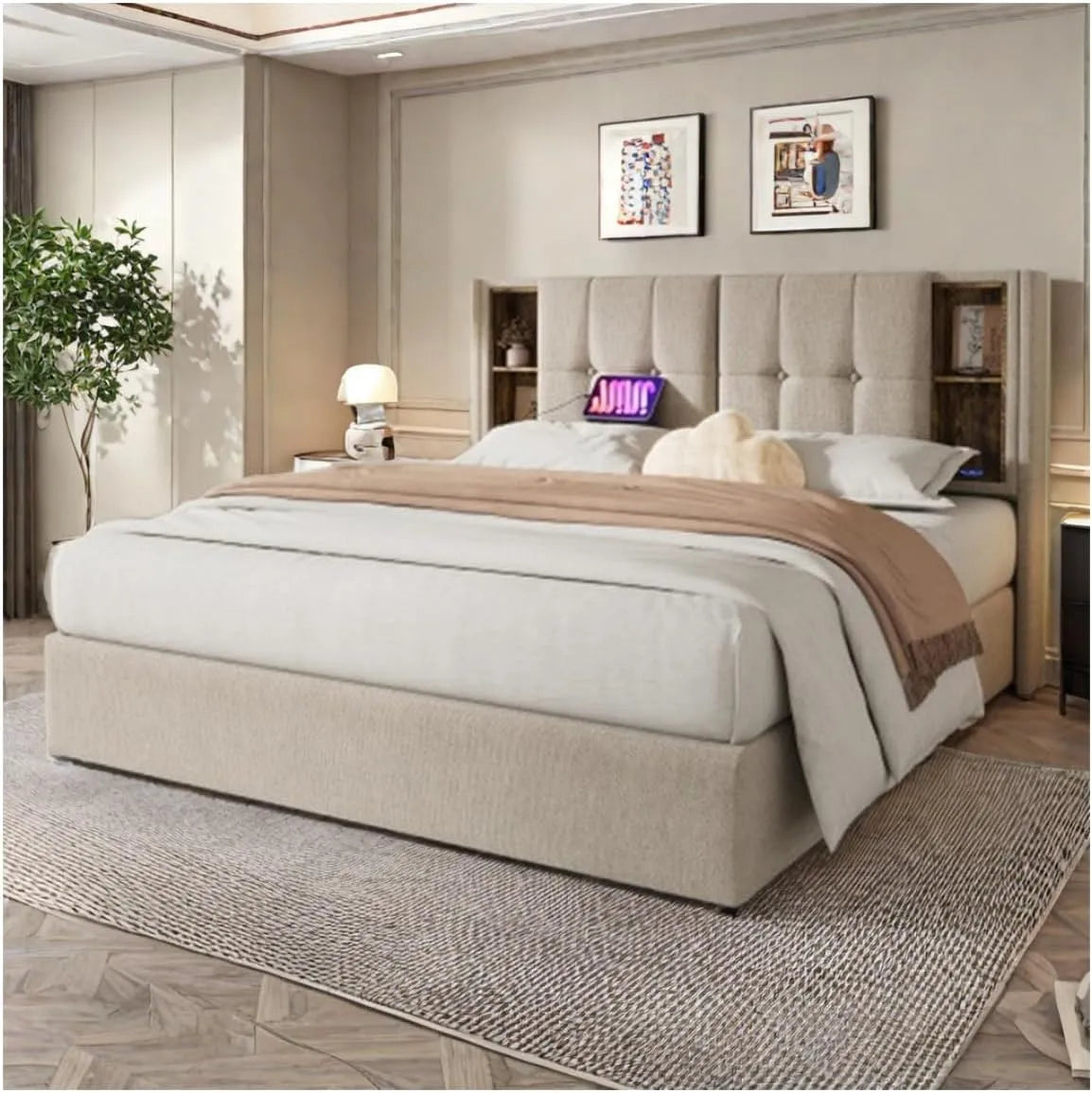 Lit rembourré et cadre de lit tapissé — en bois, avec rangement, avec port USB, 180 × 200 cm, revêtement en tissu
