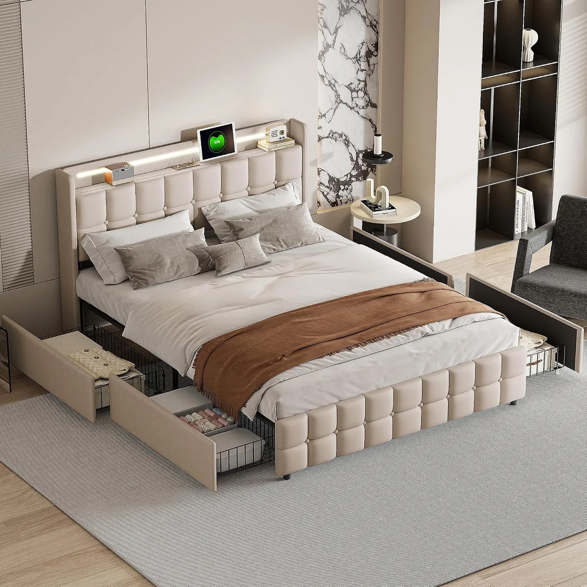 Lit Adulte 180x200cm – avec tiroirs, avec port USB, affichage LED, 4 Tiroirs, 180 × 200cm, 180 × 200 cm, beige