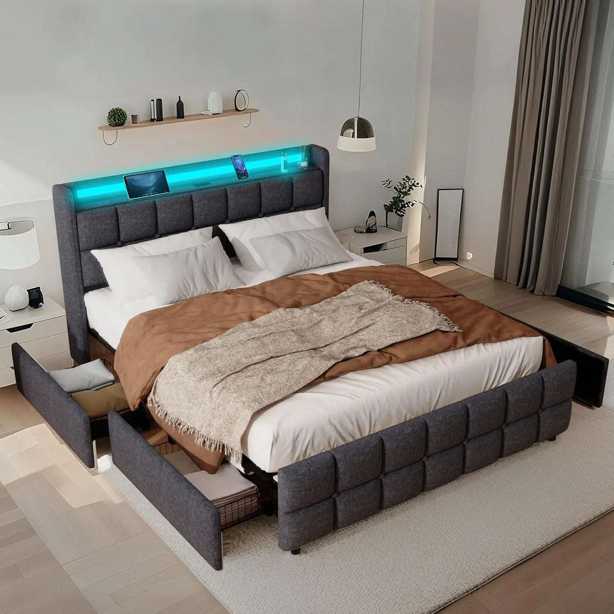 Lit Double rembourré 160x200 cm: en bois, avec tiroirs, avec port USB, affichage LED, 4 tiroirs, 160 × 200 cm, gris