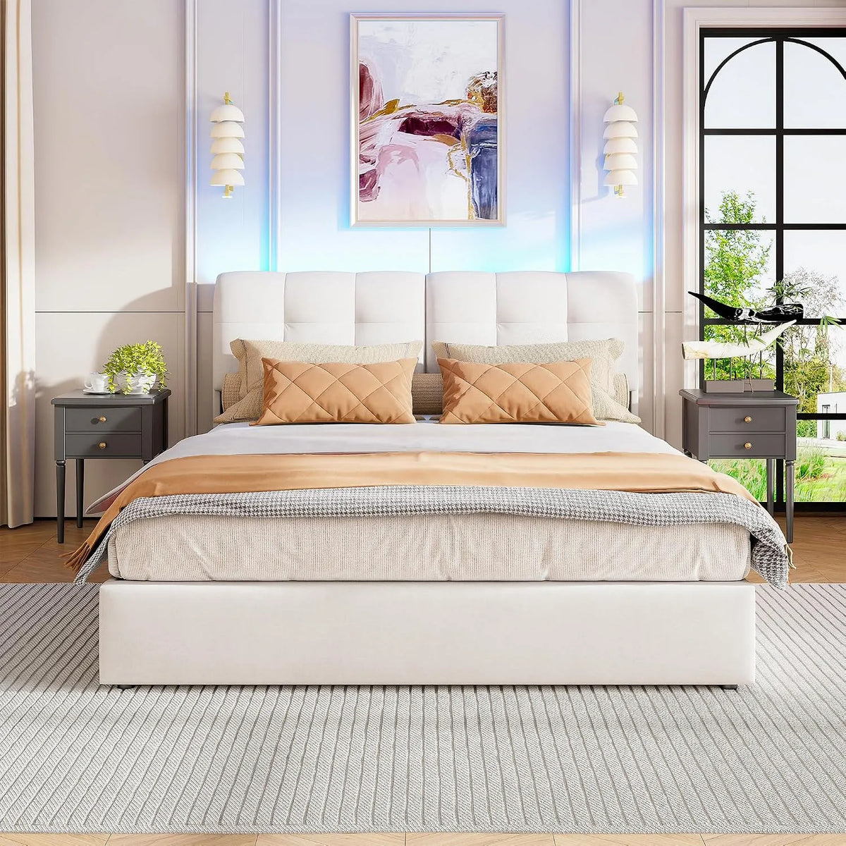 Lit double: avec rangement, affichage LED, 140 × 200 cm, beige, revêtement en velours, revêtement en tissu