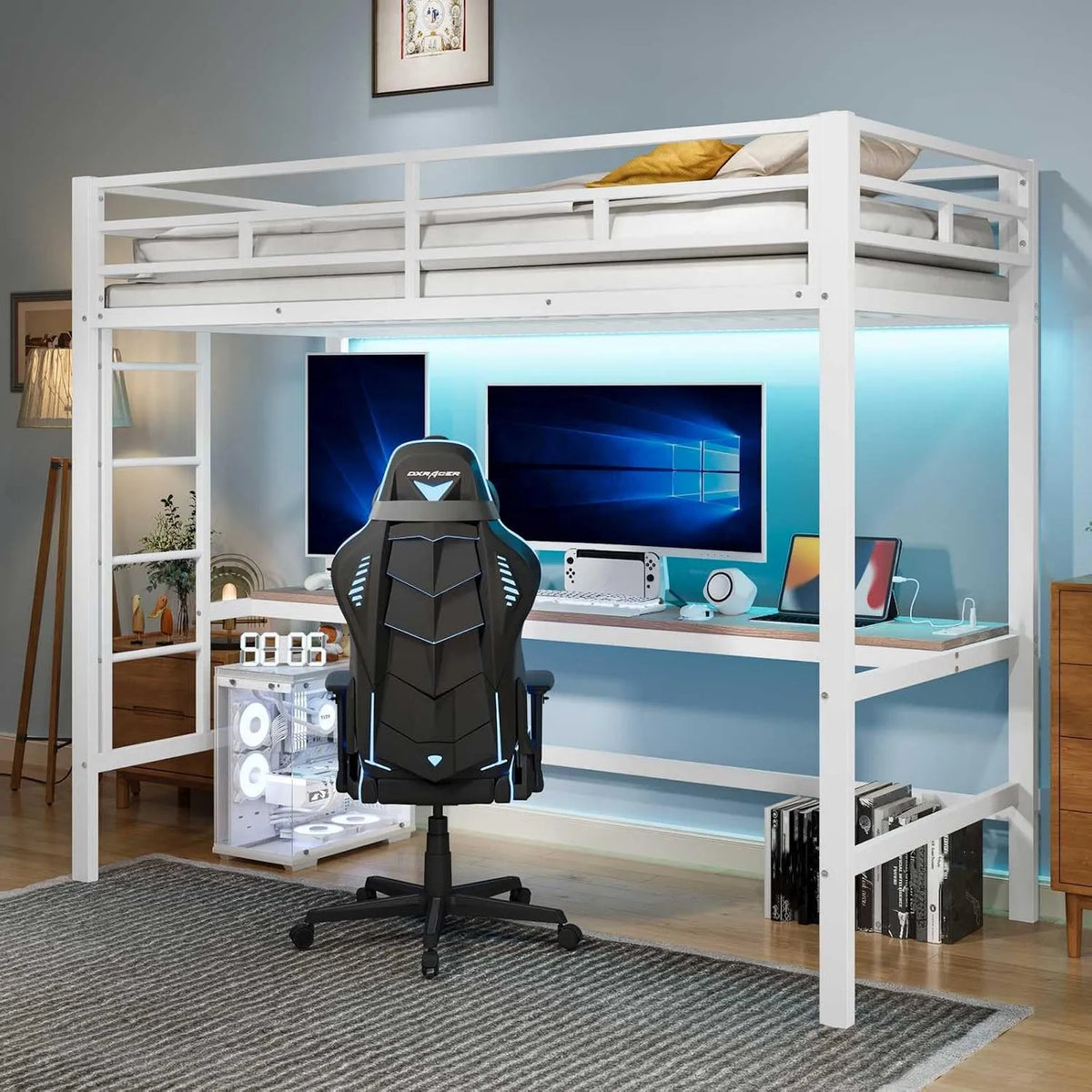 Bureau et table informatique — en métal, avec escalier, avec bureau, avec port USB, 90 × 200cm, blanc, revêtement en tissu